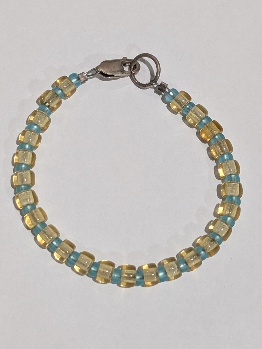 Sterling Silver Art Glass Beads Golden Yellow And Blue 7.25" Bracelet